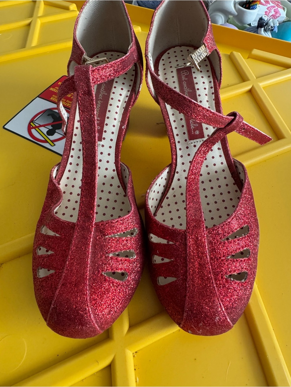 Vintage Inspired Red Glitter T-Strap Women's Heels
